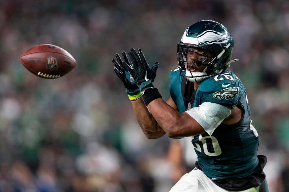 PHILADELPHIA, PENNSYLVANIA - SEPTEMBER 16: Saquon Barkley #26 of the Philadelphia Eagles tries to complete a pass during the NFL football game between the Philadelphia Eagles and the Atlanta Falcons at Lincoln Financial Field on September 16, 2024 in Philadelphia, Pennsylvania. (Photo by Michael Owens/Getty Images)